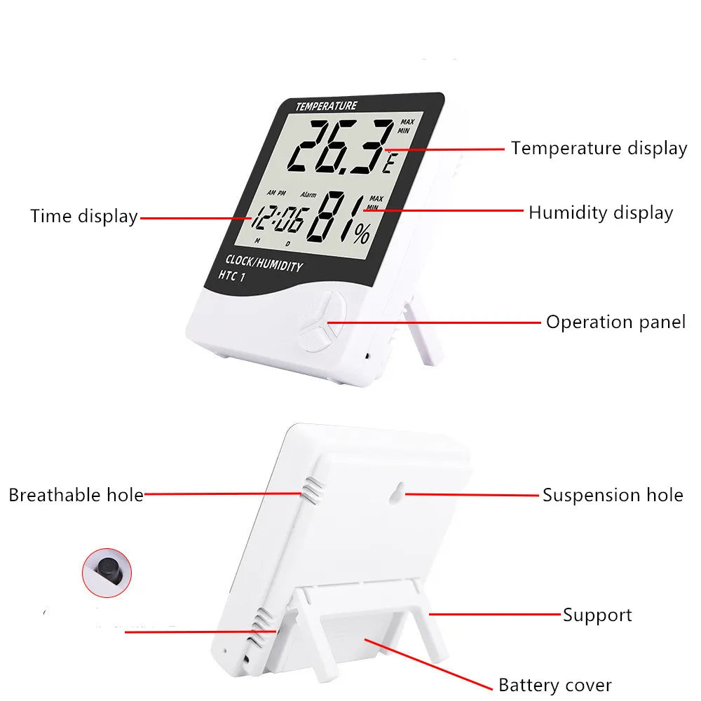 Digital Termometer & Hygrometer HTC-1 - LCD Väderstation med Klocka