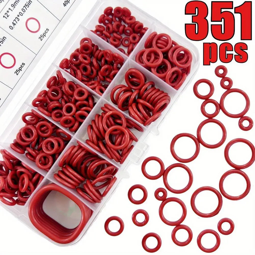 351Pcs Red Silicone O-Rings Kit Oil Resistant High Temperature Rubber Sealing Gaskets Washers for Cars And Pipelines