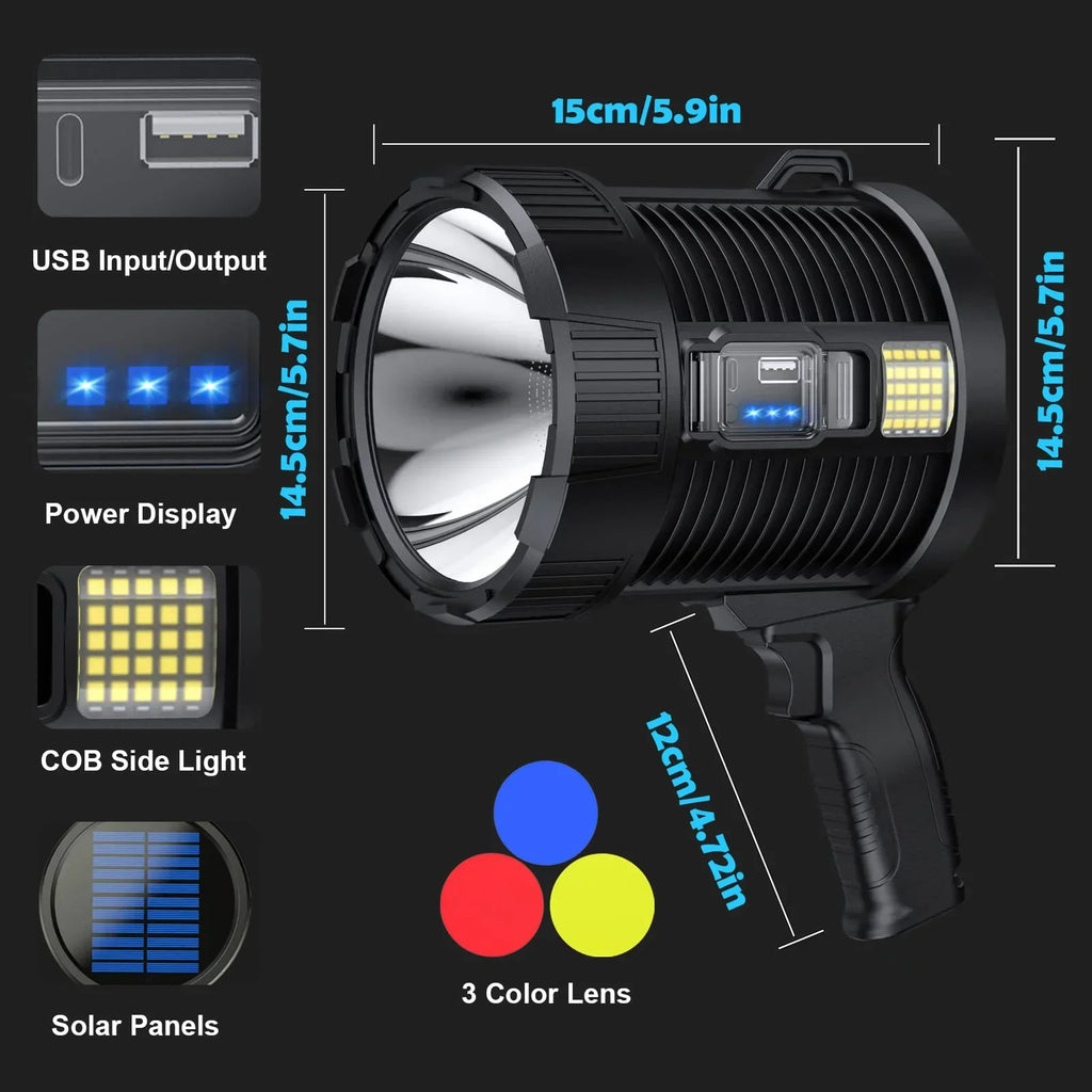Kraftfull LED-strålkastare 900000 Lumen - Uppladdningsbar Handstrålkastare med Solpanel