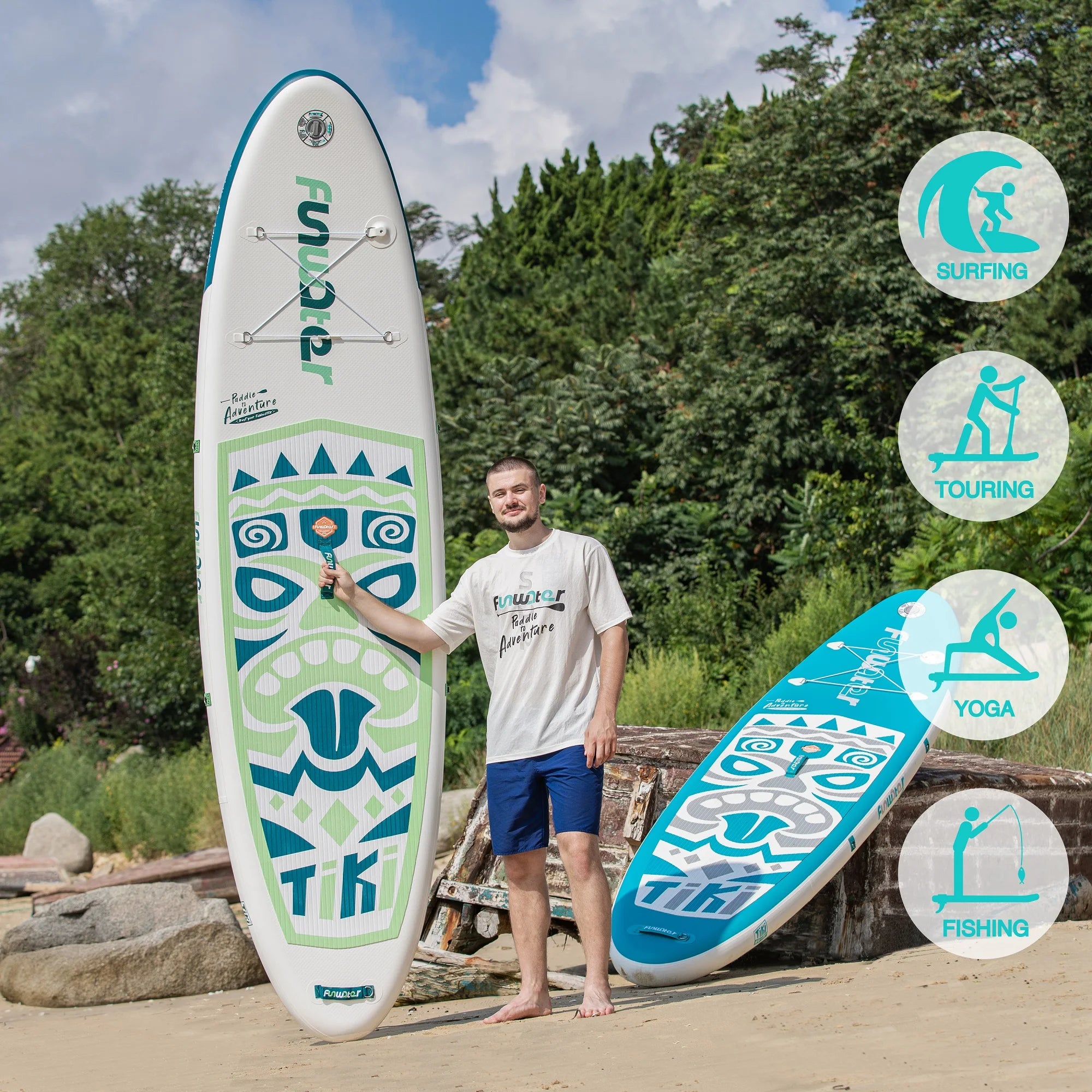 Tax Free EU Stock FunWater SUPFW05A Green Tiki Inflatable Paddle Board 3-7 Days Delivery ISUP Kit Shoulder Strap Adult