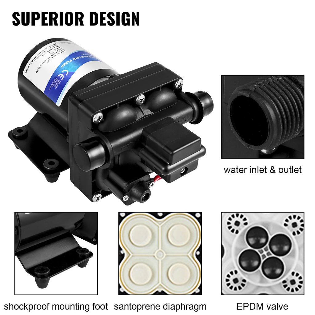 Vattenpump 12V 3 GPM med Tryckomkopplare 45PSI - Diafragmapump för Husbil Båt Trädgård