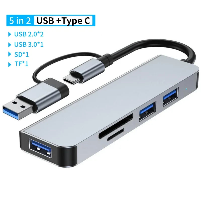USB-C Dockningsstation Multi-Hub - USB 3.0 Adapter med USB 2.0 Portar, TF/SD Kortläsare & Audio Output - Universal för MacBook Pro, PC & Laptop.