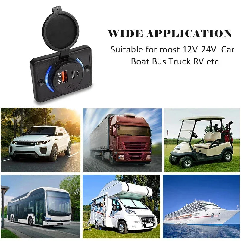 USB Snabbladdare för Bil 38W QC3.0 + PD med LED-belysning