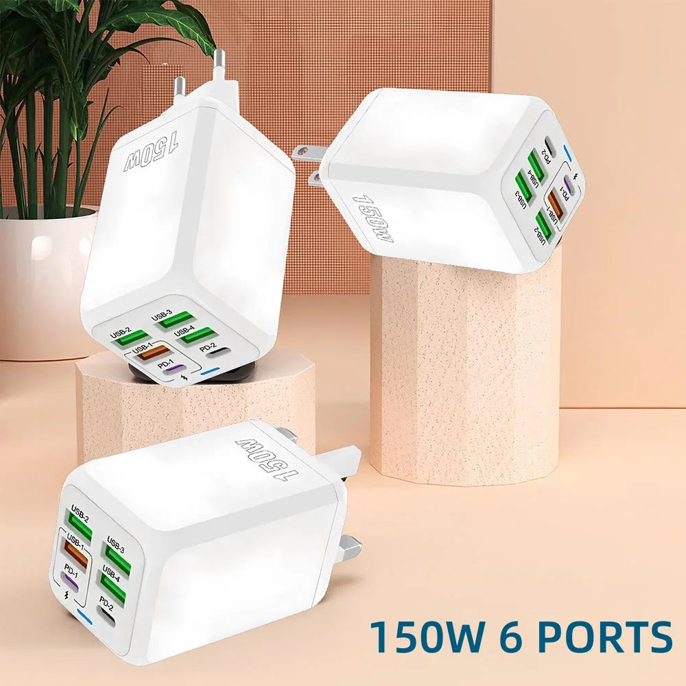 150W Universal USB Laddare 6 Portar - PD Fast Charging Quick Charge 3.0 Multi-Port Power Adapter - Väggadapter med EU/US/UK Plugg för iPhone, Samsung, Laptop.