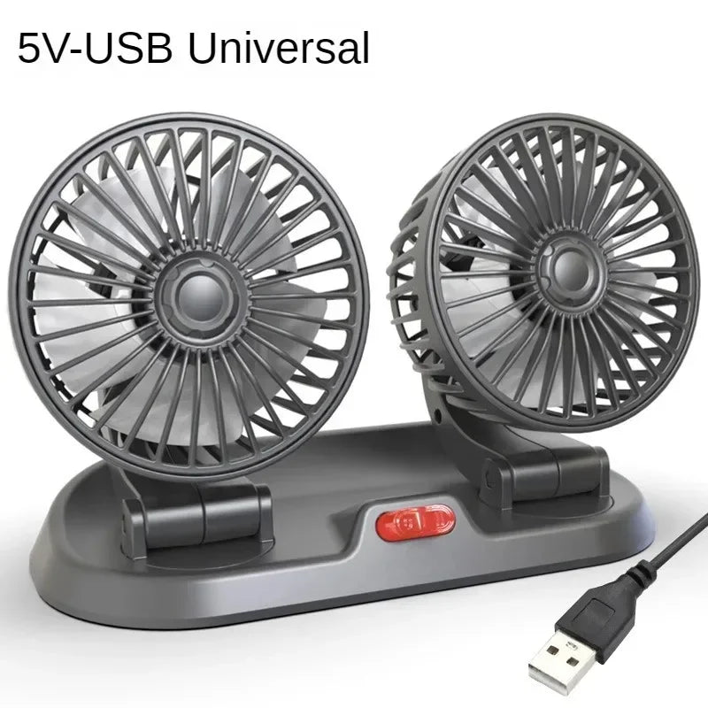 Tyst Bärbar Mini USB fläkt 5V 12V – Dubbelhuvud, 360° Justerbar Kylning