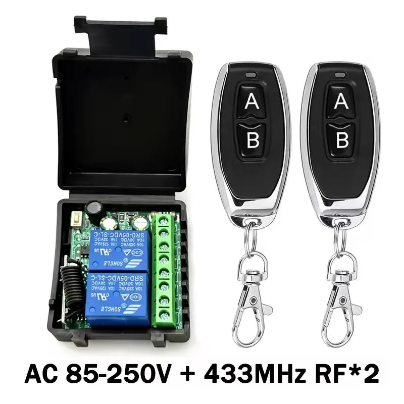 2CH RF 433MHz Fjärrkontroll Relämottagare 6-30V 85-250V för Garageport, Belysning, LED, Motor