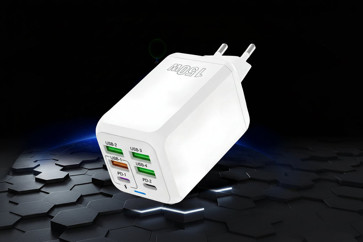 150W Universal USB Laddare 6 Portar - PD Fast Charging Quick Charge 3.0 Multi-Port Power Adapter - Väggadapter med EU/US/UK Plugg för iPhone, Samsung, Laptop.