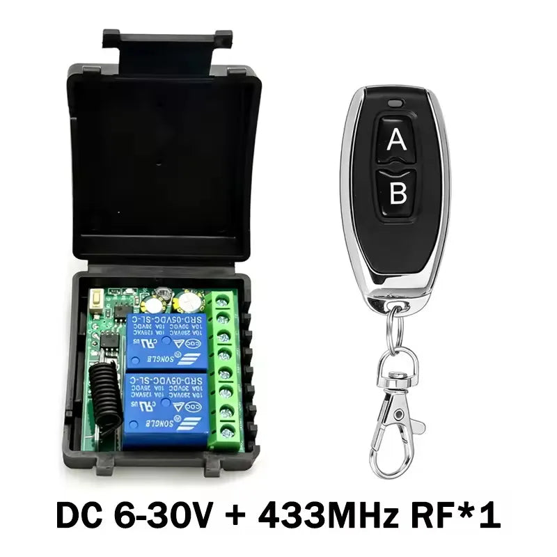 2CH RF 433MHz Fjärrkontroll Relämottagare 6-30V 85-250V för Garageport, Belysning, LED, Motor