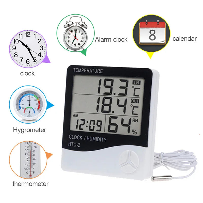 Digital Termometer & Hygrometer HTC-1 - LCD Väderstation med Klocka