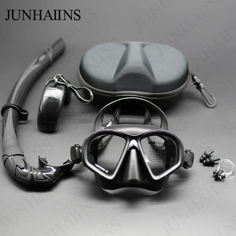 Professional Wet Low Volume Freediving Mask, Tempered Glass Freedive Mask, J-Type Diving Mask, Snorkel Set, With Camera Mount SVART SET