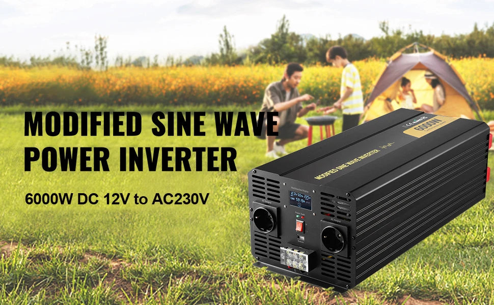 6000W Spänningsomvandlare 12V till 230V - Modifierad Sinusvåg med LCD-Display