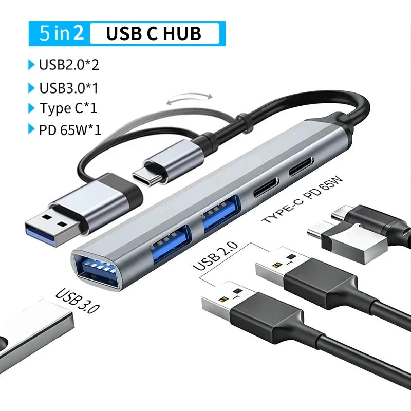 USB-C Dockningsstation Multi-Hub - USB 3.0 Adapter med USB 2.0 Portar, TF/SD Kortläsare & Audio Output - Universal för MacBook Pro, PC & Laptop.