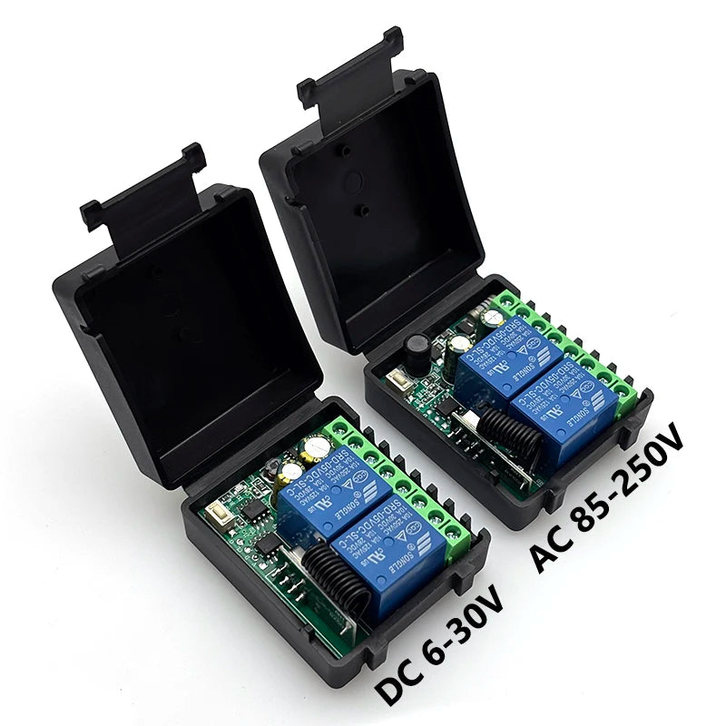 2CH RF 433MHz Fjärrkontroll Relämottagare 6-30V 85-250V för Garageport, Belysning, LED, Motor