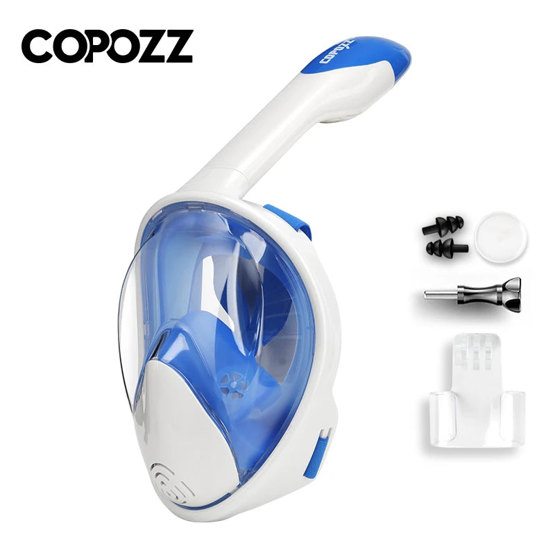 COPOZZ Professionell Snorkelmask - Heltäckande Dykarmask med Anti-Dimma vit blå
