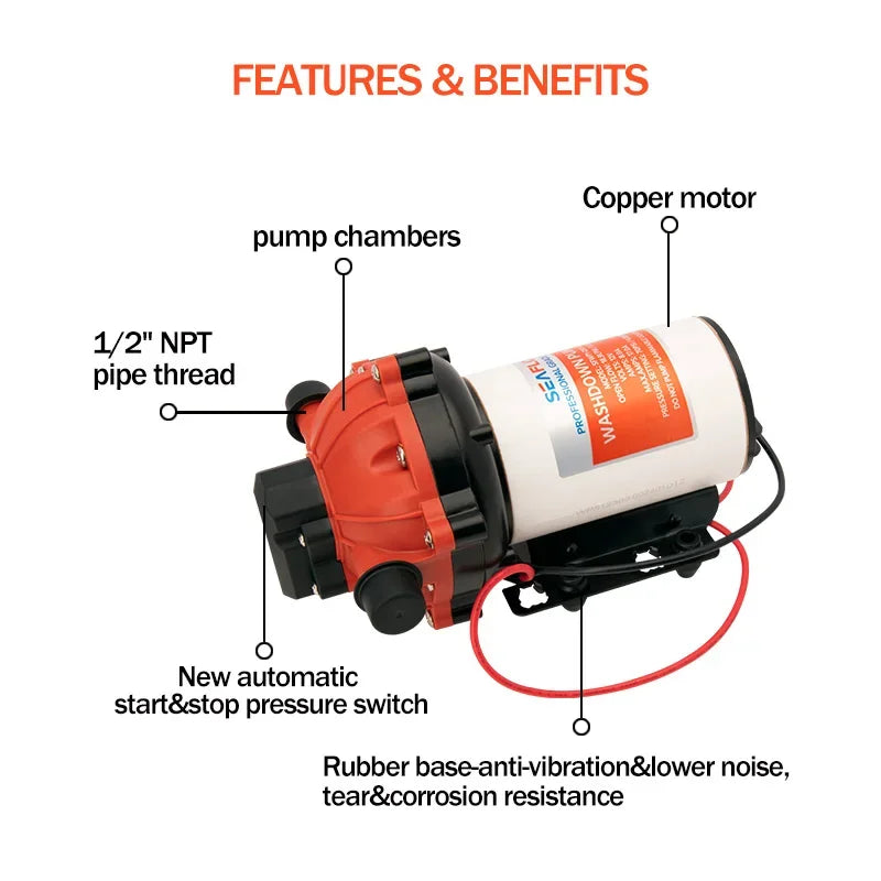 12V 3GPM 45PSI Självprimande Vattentryckspump med Inbyggd Tryckbrytare | On-Demand RV Marin Färskvattenspump