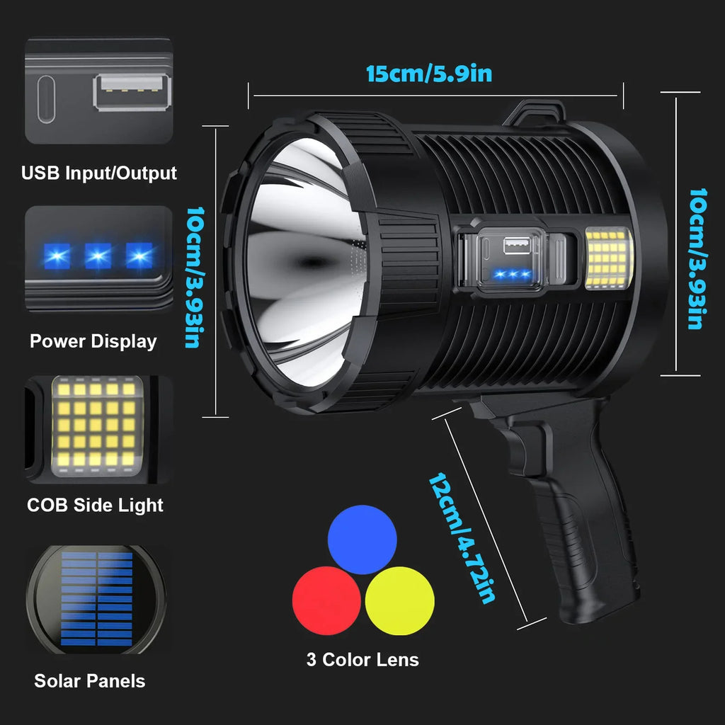 Kraftfull LED-strålkastare 900000 Lumen - Uppladdningsbar Handstrålkastare med Solpanel