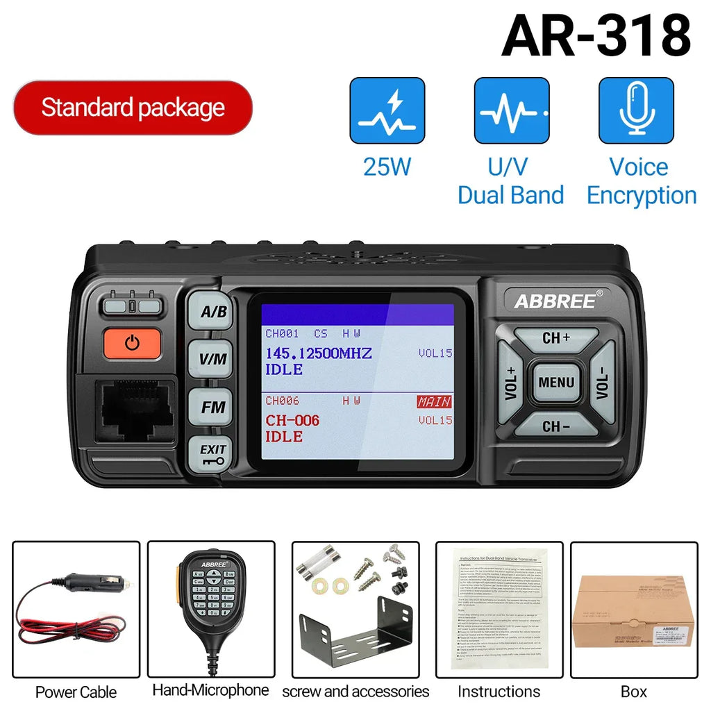 ABBREE AR-318 Professionell Bilradio 25W Dual Band VHF/UHF Walkie Talkie med Kryptering Standard