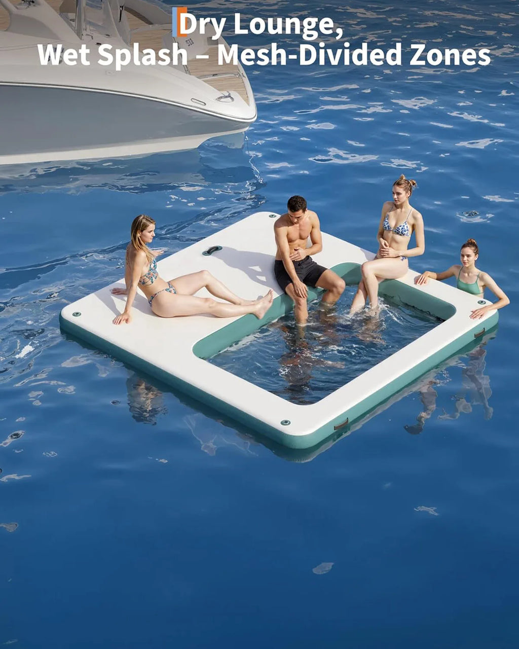 Uppblåsbar Flytande Plattform 10x10ft med 4x7ft Trampolin – Badplattform för Sjö, Pool & Strand