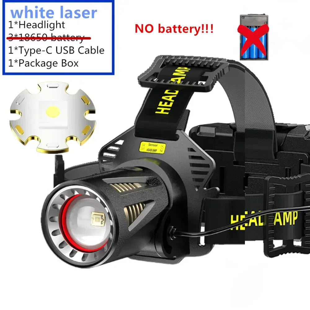 Kraftfull XHP360 LED Pannlampa - Uppladdningsbar Pannficklampa 2000 Lumen. 60W no battery black