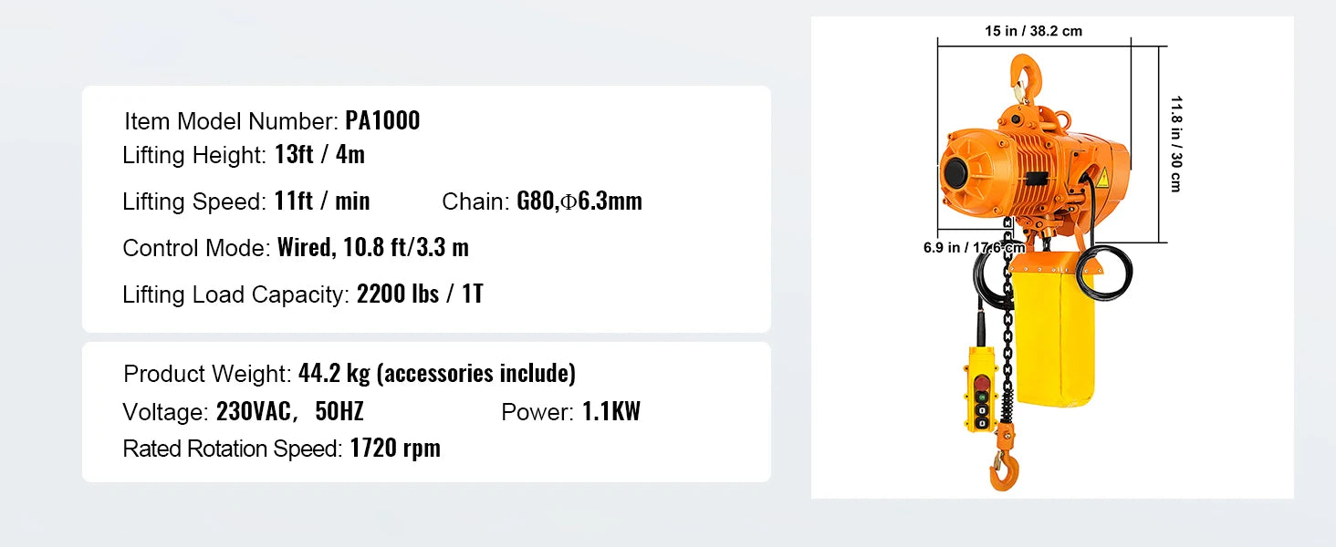 Elektrisk Kedjetalja 1000 kg - 4m Lyfthöjd Enfas Lyftvinsch G80
