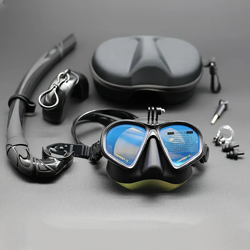 Professional Wet Low Volume Freediving Mask, Tempered Glass Freedive Mask, J-Type Diving Mask, Snorkel Set, With Camera Mount