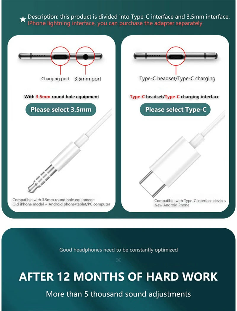 Type-C/3.5mm Kabelanslutna Hörlurar - Dubbel Bass In-Ear med Mikrofon & Karaoke