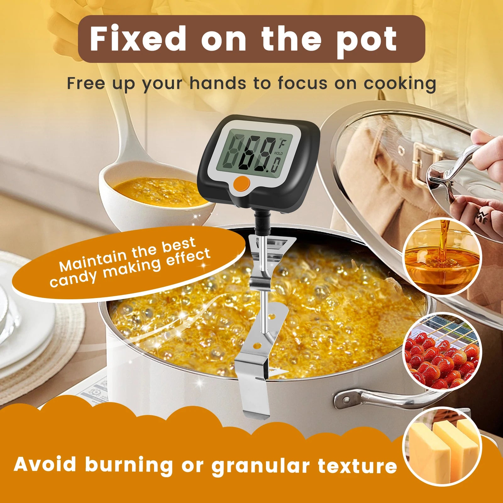 Digital Candy Thermometer with Pot Clip Kitchen Thermometer for Cooking, Baking, and Candy Making Stainless Steel Probe