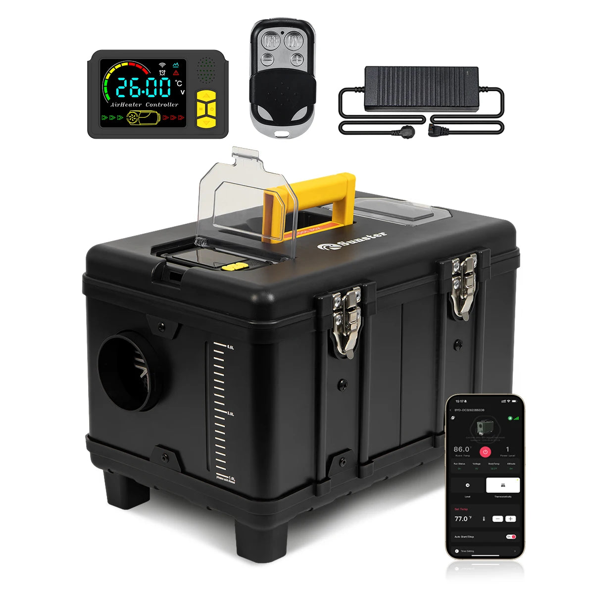 Sunster 8KW Dieselvärmare – Bluetooth LCD-styrning, 12V/24V/220V, Ultratyss för Husbil, Lastbil & Garage