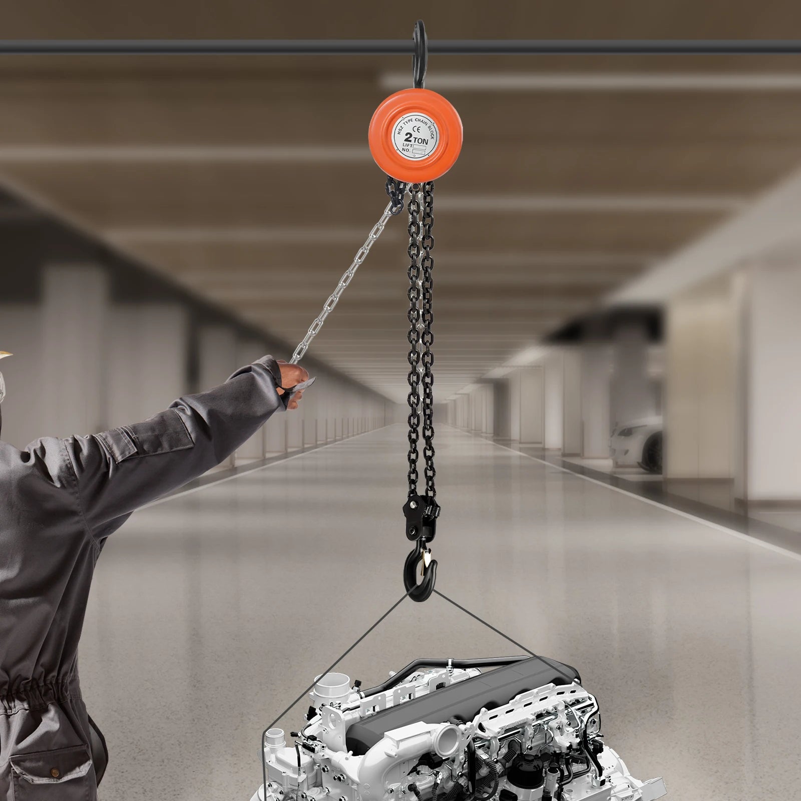 Manuell kedjetelfer med lyftkapacitet upp till 2 ton. Tillverkad av slitstarkt manganstål med roterande krok för säker och stabil lyftning. Perfekt för verkstäder, garage, lager och industriellt bruk .