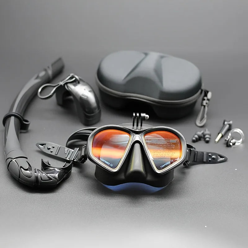 Professional Wet Low Volume Freediving Mask, Tempered Glass Freedive Mask, J-Type Diving Mask, Snorkel Set, With Camera Mount
