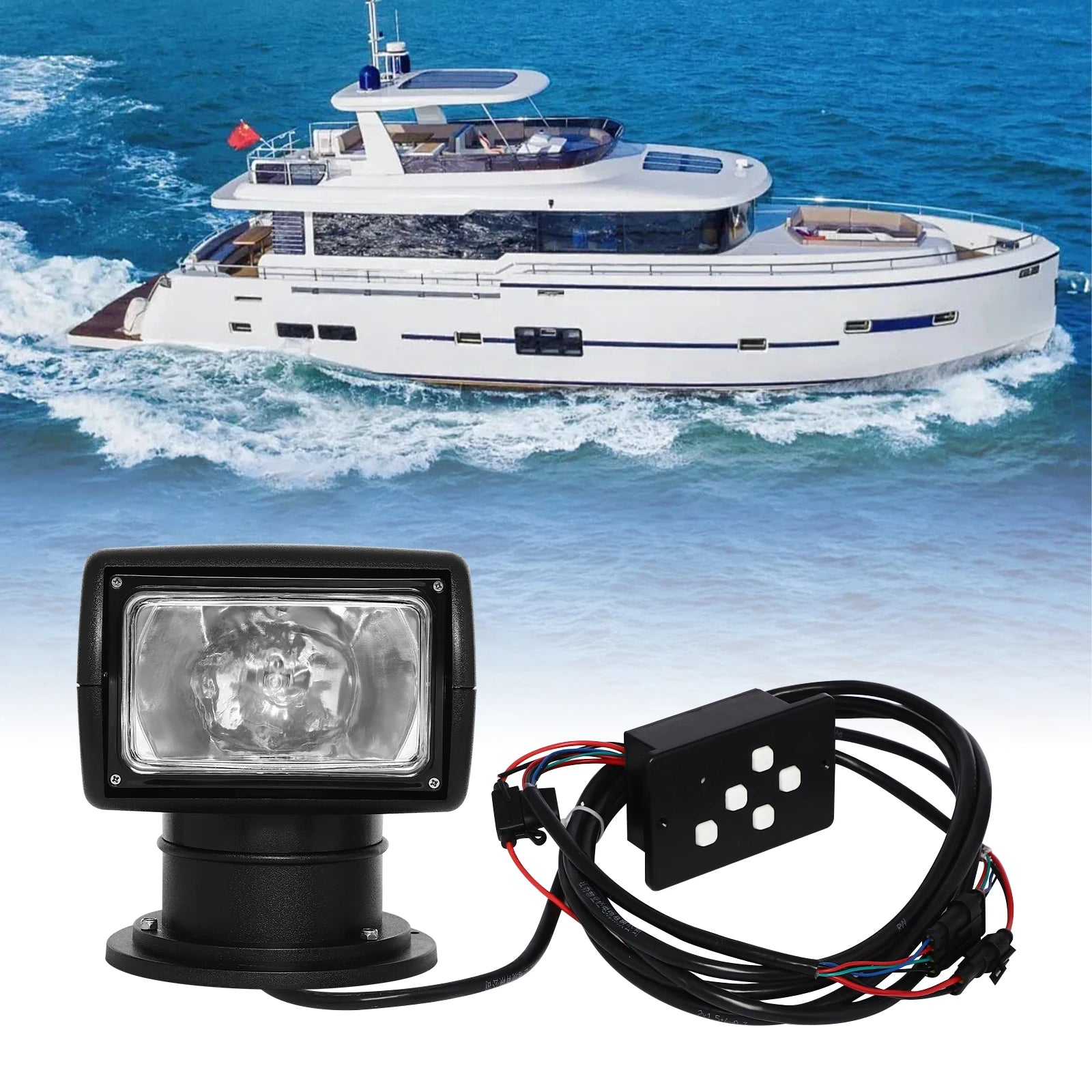 100W 12V Boat Spotlight 355° Rotation 2624ft Lighting Remote Control Searchlight IP66 Waterproof ABS Halogen Light for Marine