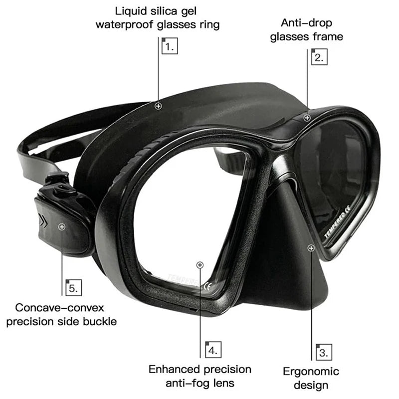 Professional Wet Low Volume Freediving Mask, Tempered Glass Freedive Mask, J-Type Diving Mask, Snorkel Set, With Camera Mount
