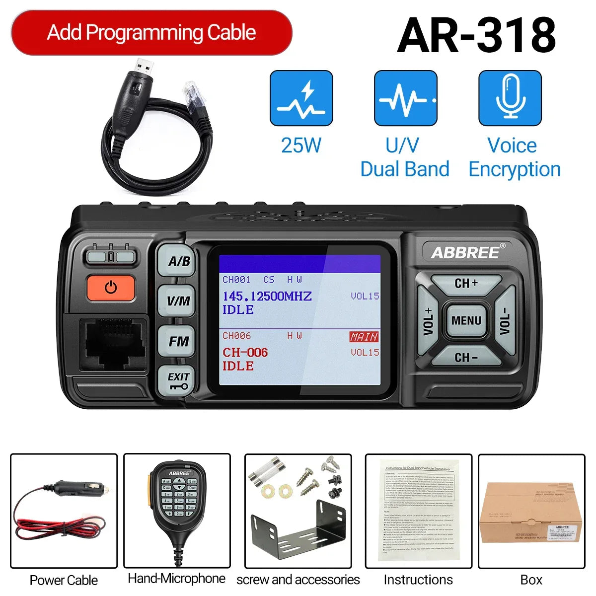 ABBREE AR-318 Professionell Bilradio 25W Dual Band VHF/UHF Walkie Talkie med Kryptering Lägg till kabel