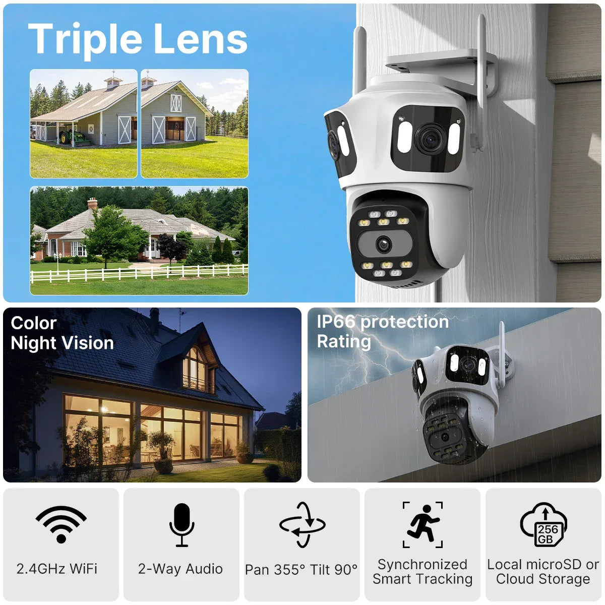 Trippel-Lins PTZ IP-Kamera Utomhus - HD WiFi Säkerhetskamera med Auto-Tracking