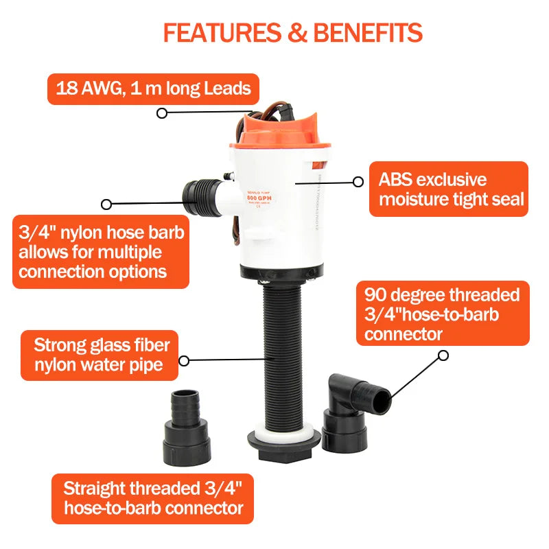 12V 800GPH Marin Livewell Pump - Nedsänkbar Aerator för Baitbehållare