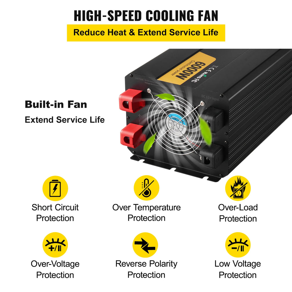 6000W Spänningsomvandlare 12V till 230V - Modifierad Sinusvåg med LCD-Display