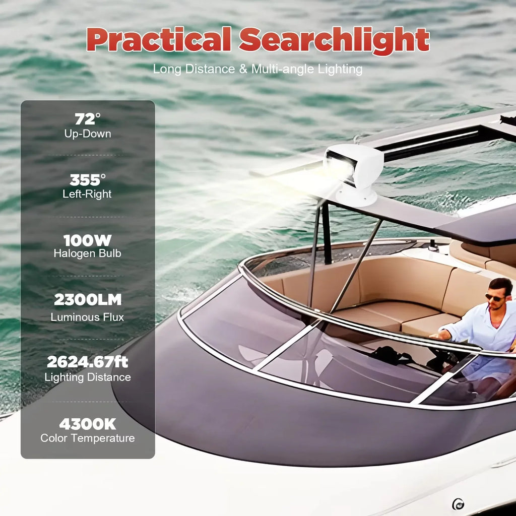Spotlight Marine Spot Light Boat Searchlight Remote Control 12V 100W Waterproof 360° Rotate Lighting for Boat Truck Car White