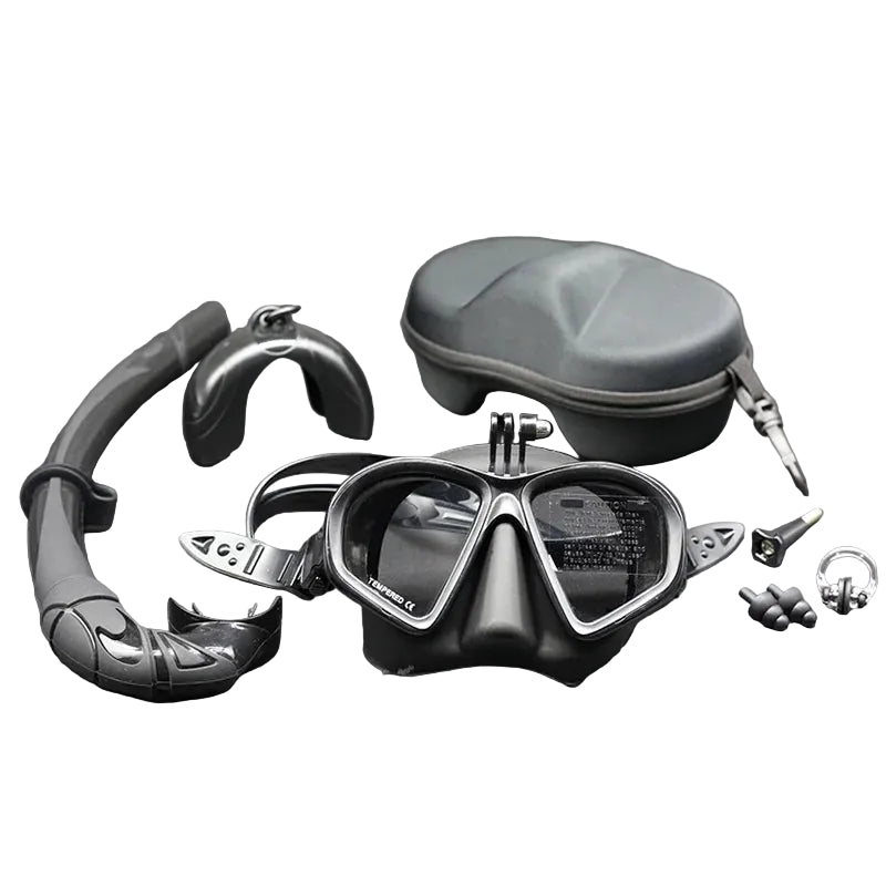 Professional Wet Low Volume Freediving Mask, Tempered Glass Freedive Mask, J-Type Diving Mask, Snorkel Set, With Camera Mount SVART SET GPRO