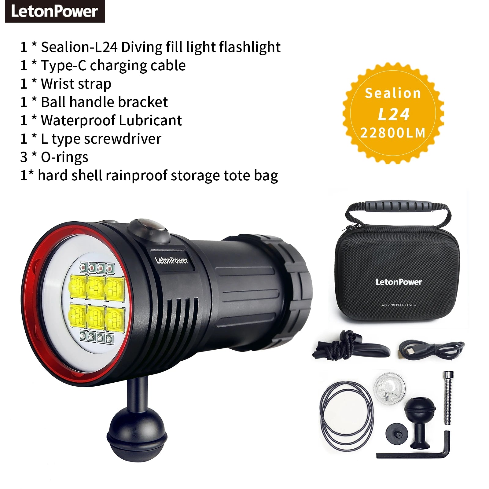 LetonPower Sealion Dyklampa 22800 Lumen – Uppladdningsbar Undervattenslampa 100m Vattentät