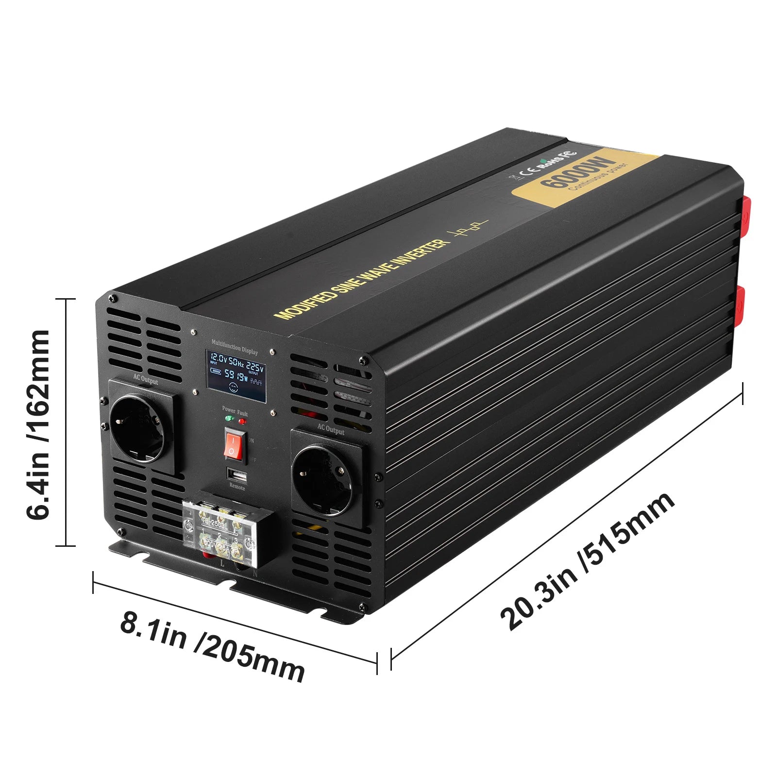 6000W Spänningsomvandlare 12V till 230V - Modifierad Sinusvåg med LCD-Display