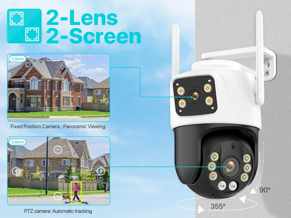 Dual Lens 360° WiFi Säkerhetskamera 8MP 4K Utomhus IP66 Vattentät PTZ Övervakningskamera