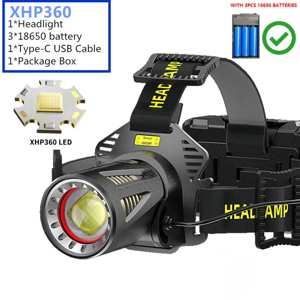 Kraftfull XHP360 LED Pannlampa - Uppladdningsbar Pannficklampa 2000 Lumen. XHP360 with 18650 black