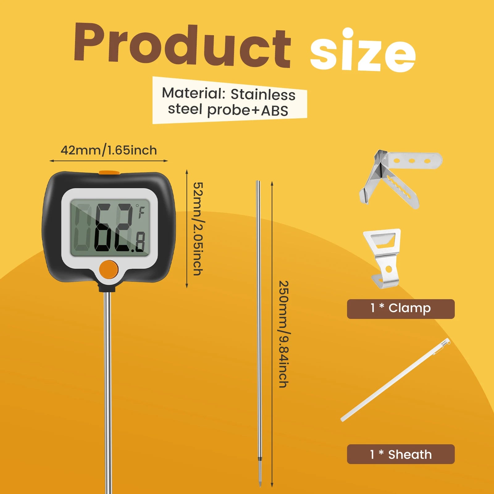 Digital Candy Thermometer with Pot Clip Kitchen Thermometer for Cooking, Baking, and Candy Making Stainless Steel Probe