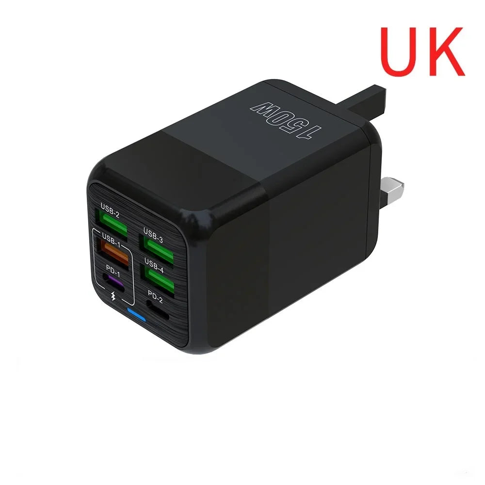 150W Universal USB Laddare 6 Portar - PD Fast Charging Quick Charge 3.0 Multi-Port Power Adapter - Väggadapter med EU/US/UK Plugg för iPhone, Samsung, Laptop.