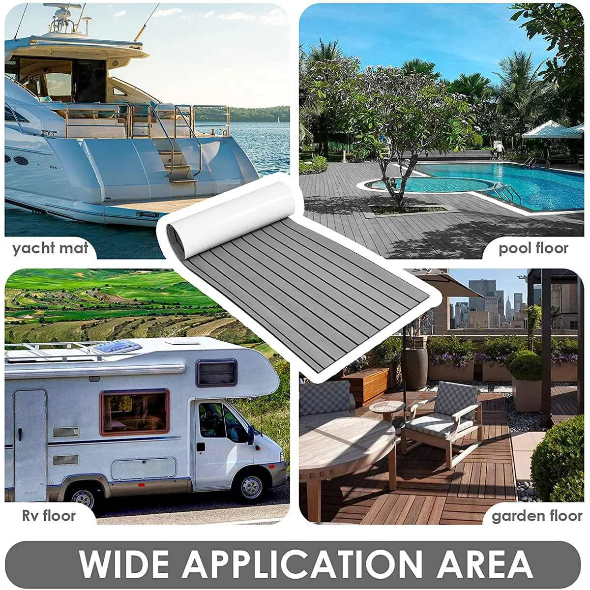 2400x900x5mm Självhäftande EVA-skum Teak Däcksmatta – Marinmatta för Båt, Grå/Svart