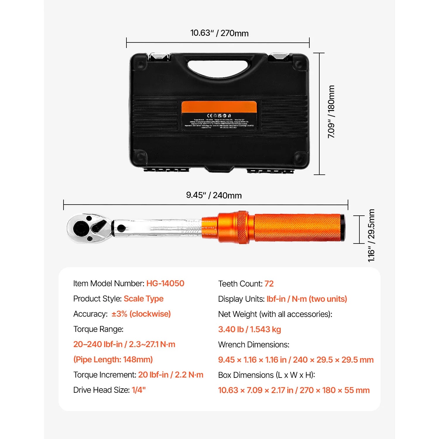 Professionell Momentnyckel Set – Dubbelriktad Justerbar Momentnyckel med Dubbla Skalor 20-240 In-Lb Set