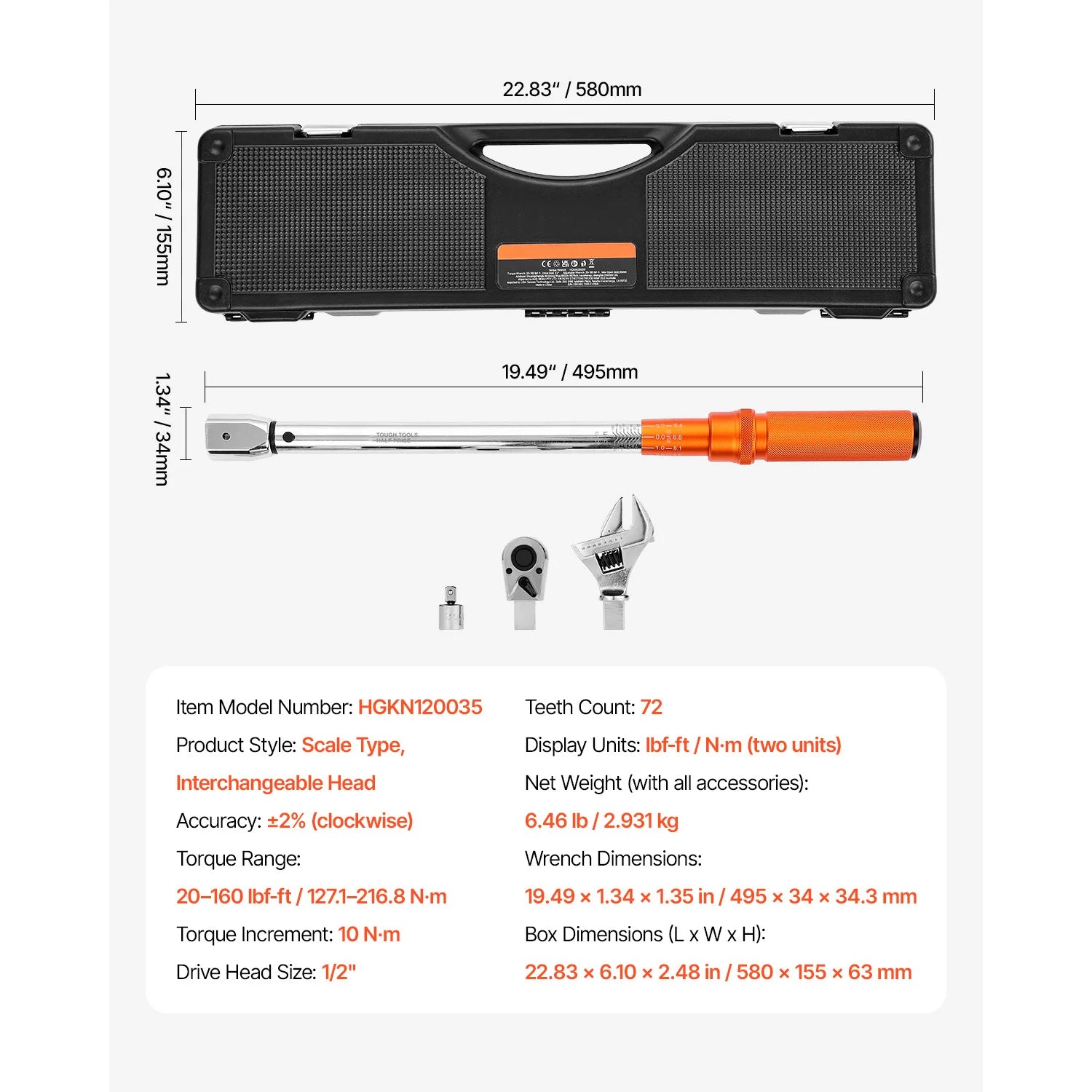 Professionell Momentnyckel Set – Dubbelriktad Justerbar Momentnyckel med Dubbla Skalor 20-160 ft-lb