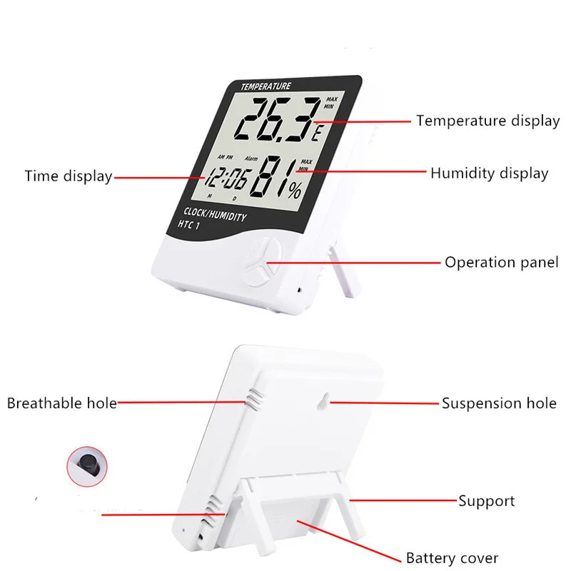 Digital Termometer & Hygrometer HTC-1 - LCD Väderstation med Klocka