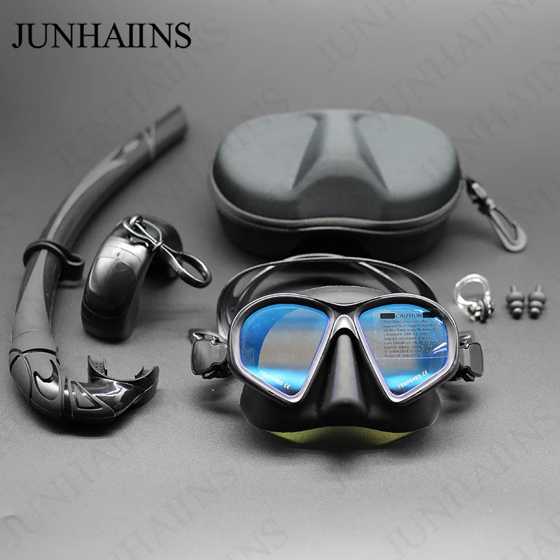 Professional Wet Low Volume Freediving Mask, Tempered Glass Freedive Mask, J-Type Diving Mask, Snorkel Set, With Camera Mount SVART BLÅ SET