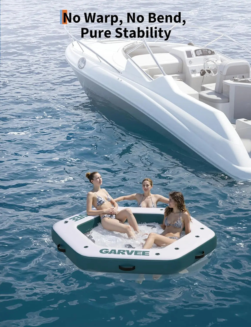 Hexagonal Inflatable Floating Dock with Trampoline Pool, Ladder, and Anchoring System
